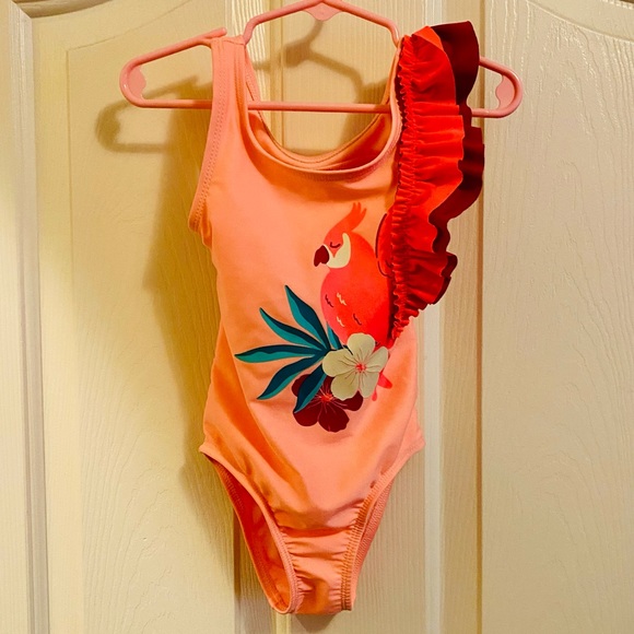NWOT Cat & Jack Tropical Bird Print Ruffle Sleeve One Piece Pink Swimsuit - Picture 3 of 12
